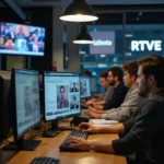 Trabajadores en entorno laboral usando FaceTime en dispositivos Android y Windows para videollamadas