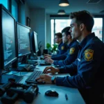 Agentes de la policía española analizan datos cifrados en un centro de mando moderno durante una operación internacional...