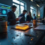 Ingenieros en un laboratorio de alta tecnología con un prototipo de chip brillante que genera imágenes de forma...