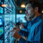 Ingenieros y analistas en un moderno centro tecnológico de Cataluña, discutiendo prototipos cuánticos, monitoreando...