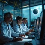 Científicos en laboratorio analizan datos en pantallas con proyecciones holográficas de agujeros negros y visualización...