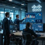 Ingenieros de Cisco analizan en tiempo real datos de redes con IA en oficina moderna, destacando adopción tecnológica en...