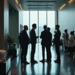 Lobby de Nvidia con ejecutivos analizando el ticker de $600B y ingenieros inspeccionando hardware AI, destacando la...