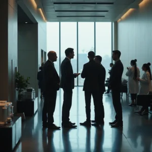 Lobby de Nvidia con ejecutivos analizando el ticker de $600B y ingenieros inspeccionando hardware AI, destacando la...