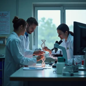 Científicos en un laboratorio moderno trabajan en la edición genética CRISPR para corregir errores en el ADN causantes de...