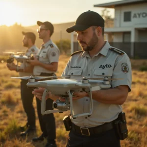 Trabajadores municipales de Torrelodones operan drones en un campo con el emblema del Ayto. En el fondo, el edificio...