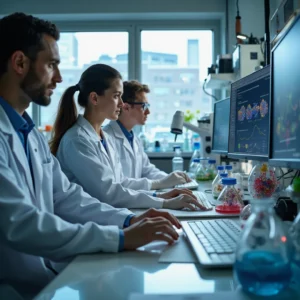 Laboratorio de biotecnología con científicos analizando datos genómicos en pantallas de alta resolución, modelos 3D y...