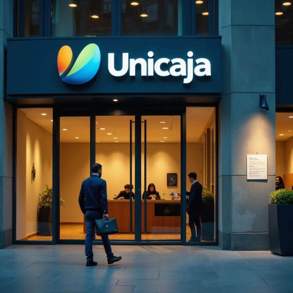 Edificio moderno de Unicaja en Madrid con cámaras de vigilancia y aviso de Agencia de Protección de Datos