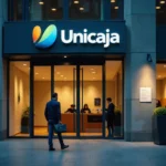 Edificio moderno de Unicaja en Madrid con cámaras de vigilancia y aviso de Agencia de Protección de Datos