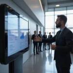 Empleado municipal interactúa con kiosco de AI en moderno ayuntamiento; oficiales observan en fondo. Logo municipal y...