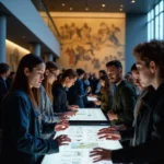Exposición de astronomía en Madrid: visitantes interactúan con telescopio, mural de Cervantes y cielos estelares.