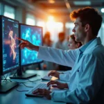 Computación cuántica y sanidad: unión para resolver retos reales Laboratorio de Quantum4Health con científicos analizando simulaciones cuánticas en pantallas OLED, holograma de ADN y...