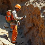 Geólogo analiza capas de sedimento cerca de una falla tectónica en estudio de riesgos naturales