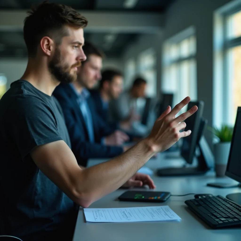 Profesionales en un entorno de trabajo colaborativo, discutiendo estrategias de ciberseguridad e IA entre CrowdStrike y...