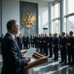 Press conference in Moscows government briefing room, Russian officials deny plague rumors, mural of national coat of...