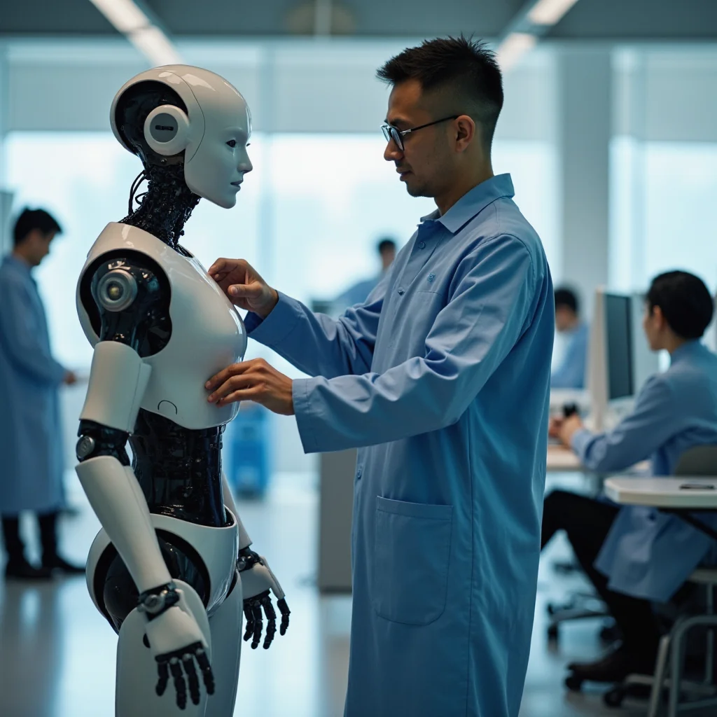 Laboratorio de robótica de YYForce en Singapur, ingenieros ajustan robots humanoides y de servicio en un moderno centro...