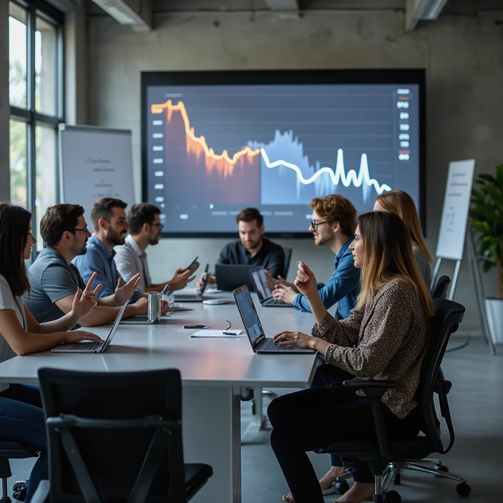 Profesionales de IT analizan caída de Windows 11 en espacio de trabajo moderno con gráficos dinámicos.