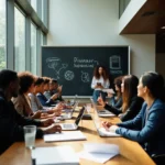 Jóvenes participantes en hackathon sobre democracia y ciencia de datos en sede del INE, colaborando en pantallas con...