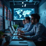 Equipo de ciberseguridad analiza ataques de phishing en dashboards cloud con mapas de calor y servidores activos.