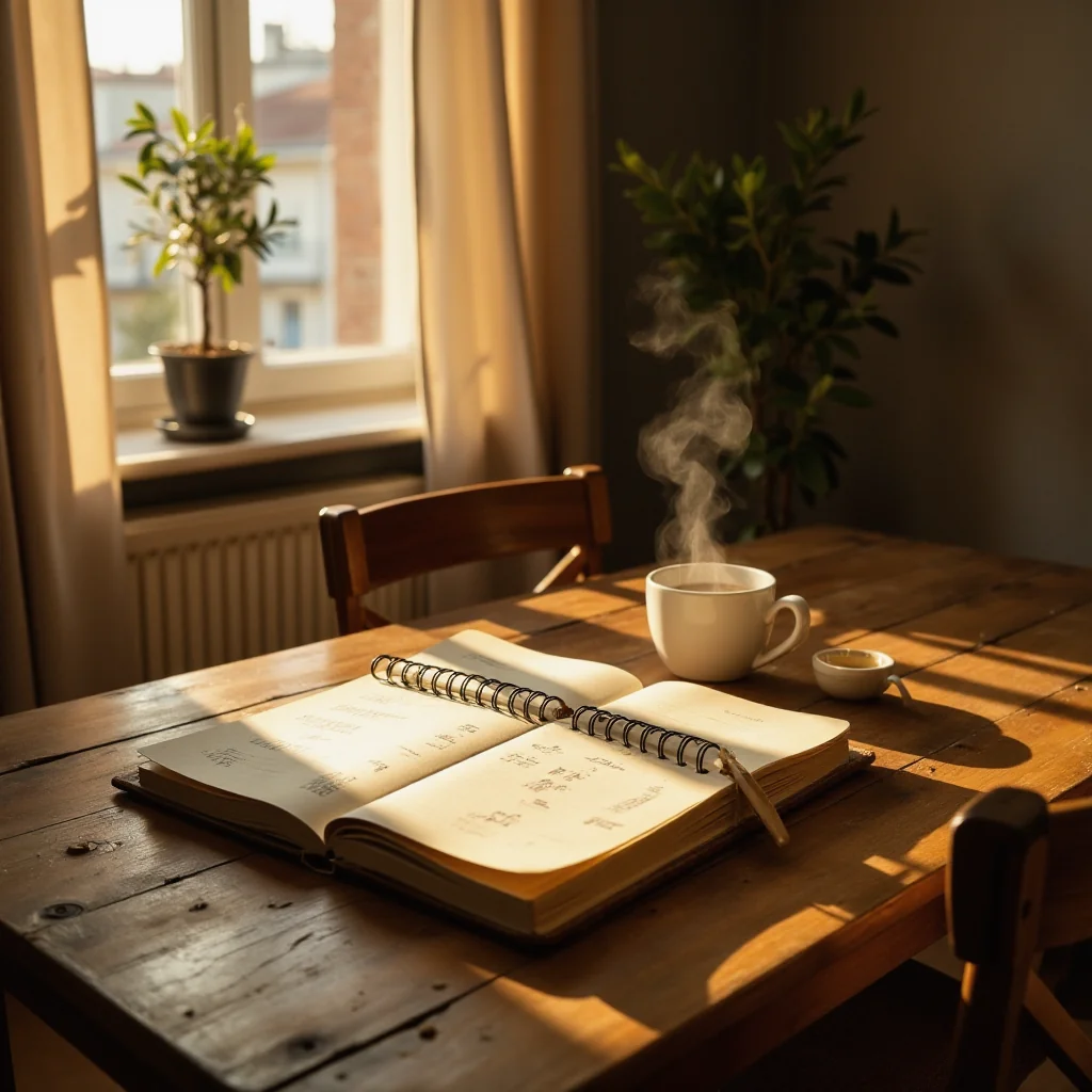 Madrid apartment at golden hour, woman studies 7-day Previsiones Cis weather forecast notebook, coffee steams near olive...