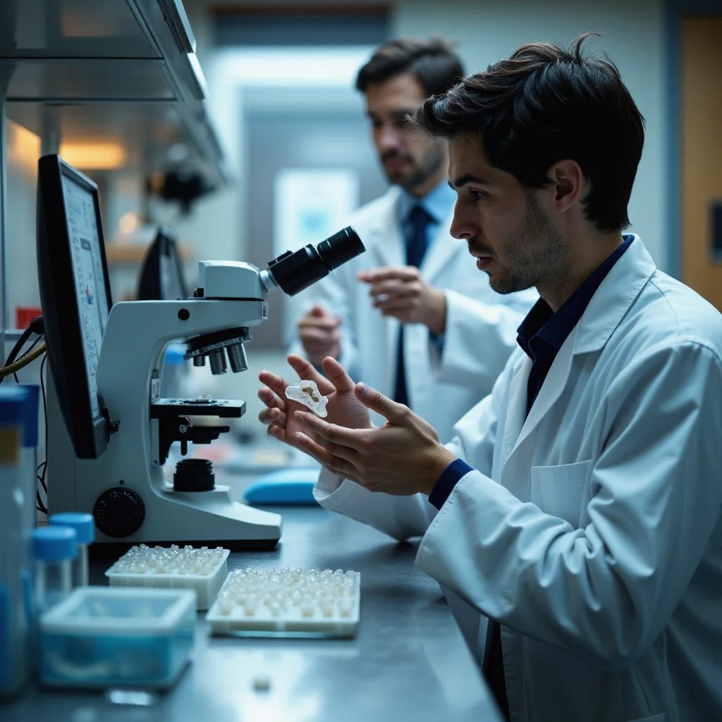 Investigadores analizan muestras dentales bajo un microscopio de alta tecnología en un laboratorio de biotecnología,...