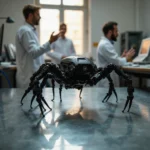 Robot cangrejo Jumper, de 40 cm y open source, se mueve en el laboratorio de KingKong, con ingenieros ajustando código en...