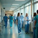Hospital corridor in Santiago shows nurse explaining treatment to patient, doctor reviewing biotech-related chart, and...