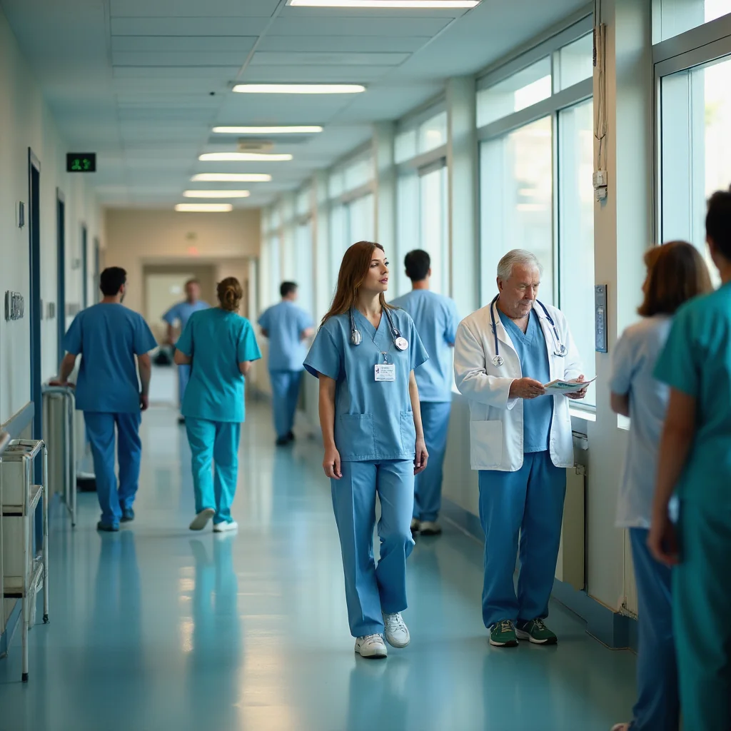 Hospital corridor in Santiago shows nurse explaining treatment to patient, doctor reviewing biotech-related chart, and...