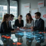 Equipo de HSBC y Ant revisa interfaz holográfica de IA en moderno espacio de coworking con luz natural y logos de las...