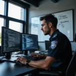 Agente de la policía federal alemana analiza código de ransomware Qilin en moderna unidad de cibercriminalidad, con...
