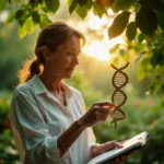 Científica examina modelo de hélice de ADN en jardín botánico al atardecer, simbolizando la regulación genética y la...