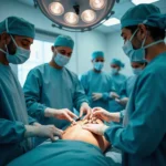 Quirófano del Hospital Vithas Las Palmas: cirujanos manipulan brazos robóticos da Vinci sobre un paciente, con monitores...