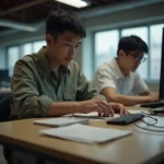 La cuota de Nvidia en chips de IA en China cae mientras Huawei avanza Trabajadores en un entorno tecnológico iluminado naturalmente, reflejando la competencia entre Nvidia y Huawei en el...