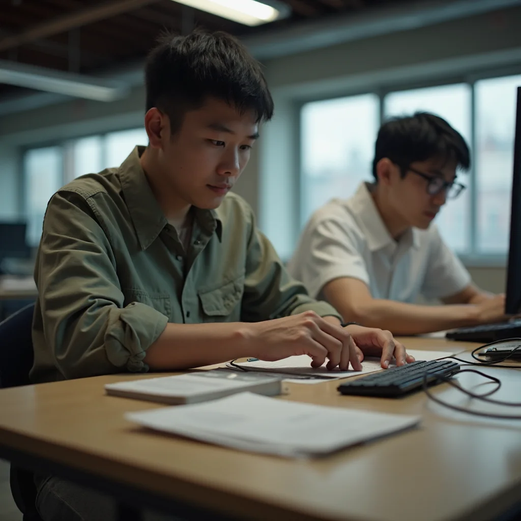 Trabajadores en un entorno tecnológico iluminado naturalmente, reflejando la competencia entre Nvidia y Huawei en el...