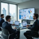Oficiales gubernamentales en Valencia analizan informes de consumo energético en una sala de reuniones moderna con vistas...
