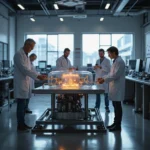 Reactor de fusión nuclear compacto en un laboratorio moderno, con científicos ajustando paneles de control AI y...