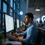 Gemini 4 Argon: diseñado para resolver tus problemas más difíciles Ingenieros de Google colaboran en Mountain View, enfocados en un holograma de Gemini 4 Argon, con diagramas de IA y...