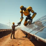 Técnico solar ajusta robot de mantenimiento en una granja solar desértica de Australia, con paneles fotovoltaicos y...