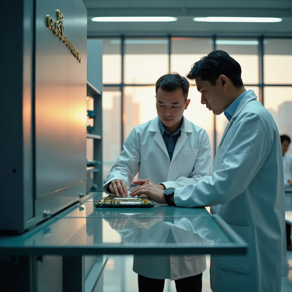 Ingenieros de SK hynix analizan el H-TPU SSD en un laboratorio de vanguardia, destacando el logro tecnológico de reducir...