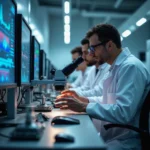 Ingenieros en un laboratorio de semiconductores analizan un wafer de silicio bajo microscopio, con interfaces de IA en...