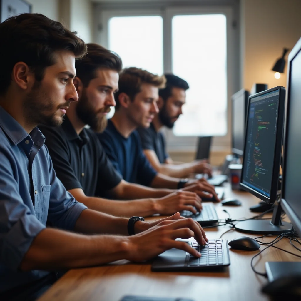 Desarrolladores colaboran en oficina moderna, mostrando código de Kubernetes en MacBook con elementos de Run:ai y Unite.AI.