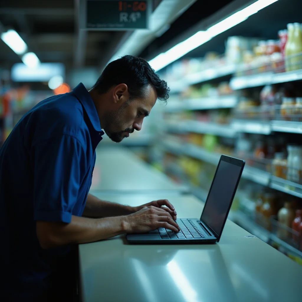 Técnico de supermercado francés trabaja en laptop con códigos de error mientras vitrinas frigoríficas se apagan debido a...