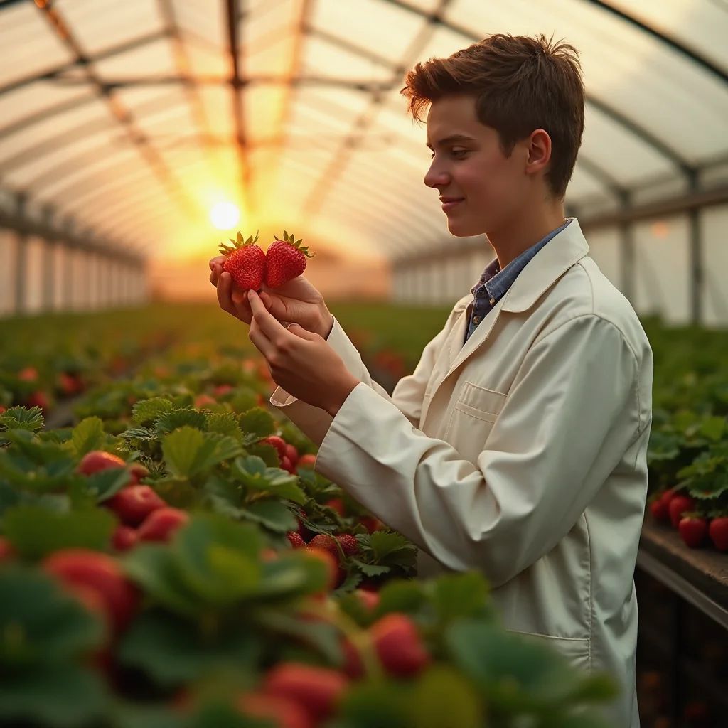 Invernadero al atardecer: fresas editadas genéticamente bajo luz ámbar, agrónomo examinando una fruta plena, agricultor...