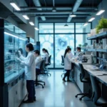 Laboratorio de biotecnología en Pamplona con investigadores ajustando secuenciador de ADN y equipos avanzados en un...