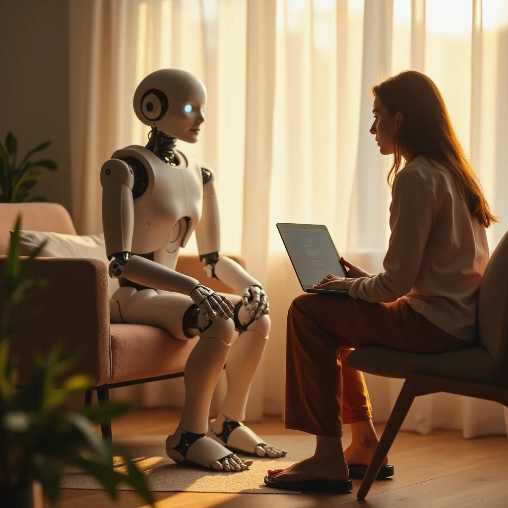 Humanoid robot en sesión terapéutica con terapeuta humano, discutiendo ética de la IA con ambiente colaborativo y empático.