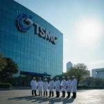 TSMCs Hsinchu headquarters facade with blue-and-white logo, engineers inspecting CoWoS interposer in advanced...