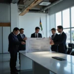 Vox members gesturing at Vivienda y Ayudas Públicas document in a government office, national flag visible, discussing...
