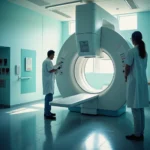 Ingenieros instalan acelerador de radioterapia en Torrecárdenas, Almería. Luz natural resalta la máquina metálica en el...
