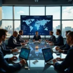 Oficiales de la UE y ejecutivos tecnológicos debaten en una sala moderna con una mesa de cristal, laptops con diagramas...