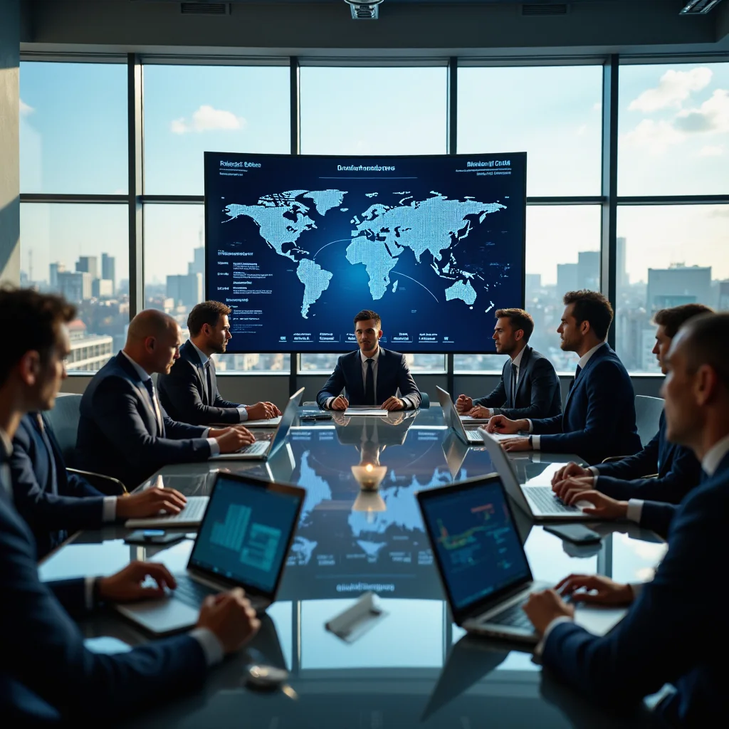 Oficiales de la UE y ejecutivos tecnológicos debaten en una sala moderna con una mesa de cristal, laptops con diagramas...